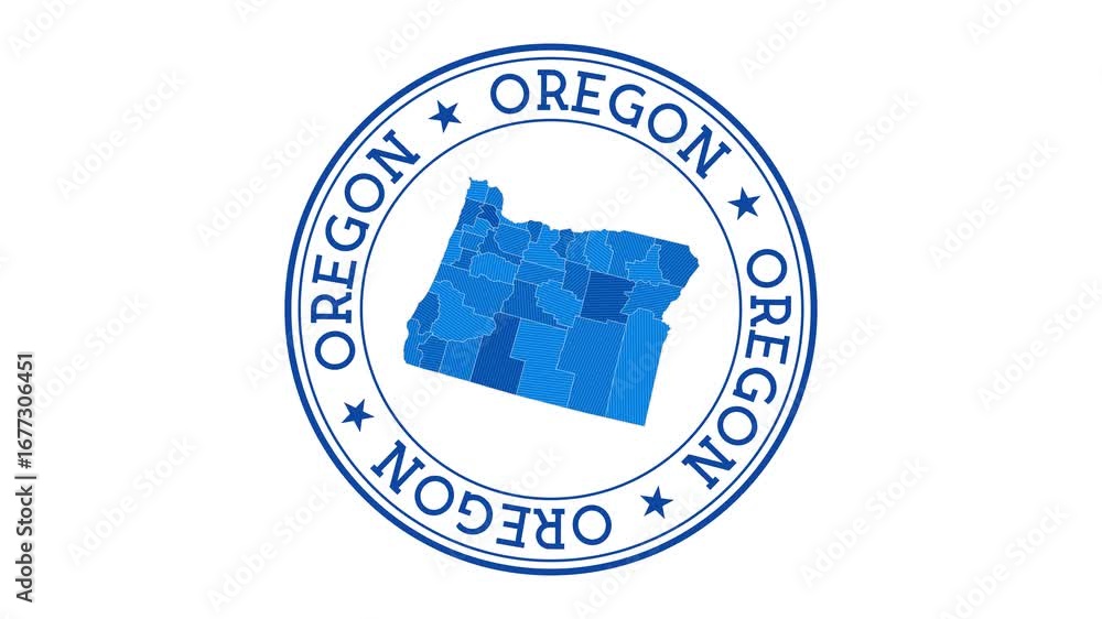 Poster oregon intro. badge with the circular name and map of us state. oregon round logo animation.