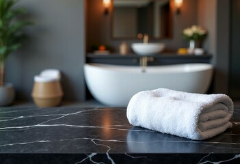 Empty marble table top on blurred minimalistic luxury bathroom at apartment, white day light, clean cozy colors. Place for product display, showing products, side view