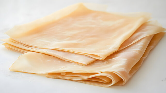 A simple arrangement of lasagna sheets laid flat with slight overlapping on a white background, emphasizing their smooth texture and thinness.