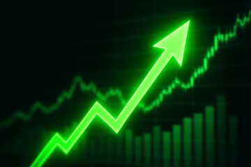 Bright green upward trending arrow and stock market chart symbolizing financial growth and success