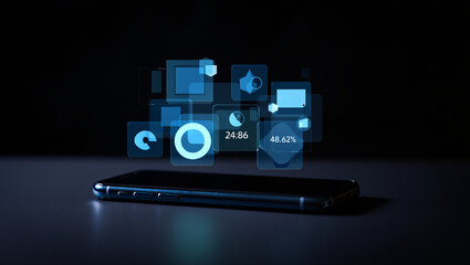 A futuristic hi-tech 3D smartphone with a holographic display projecting apps in mid-air  