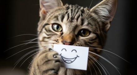 Tabby cat holding funny face card