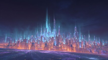 Fototapeta premium Ethereal Futuristic Metropolis Illuminated by Neon Aurora and Warm City Glow.