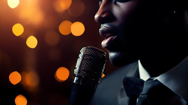 30. Radio announcer speaking into microphone