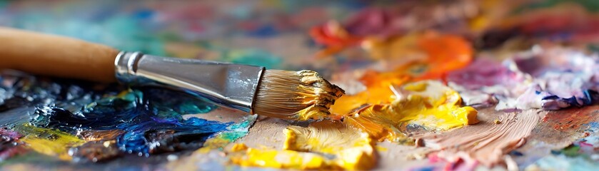 Close-up of a paintbrush resting on a vibrant 's palette, showcasing a mixture of vibrant colors and textures.