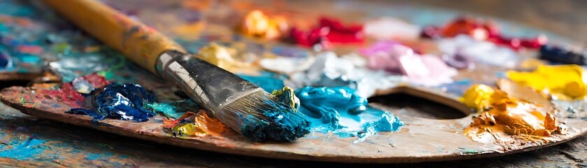 Close-up of a weathered 's palette with colorful oil paints and a paintbrush, showcasing a vibrant artistic scene.