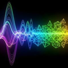 Abstract visualization of a vibrant sound wave transforming into a cluster of glowing geometric polyhedra particles