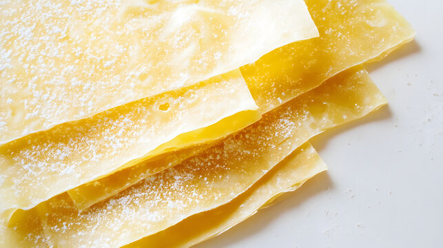 A symmetrical arrangement of lasagna sheets with slight overlaps, placed carefully on a white background, showcasing their smooth texture and golden hue.