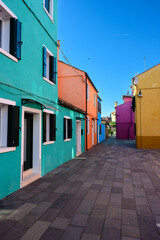 Colorful Painted Fisherman's Houses Exterior in Burano Island in the Lagoon of Venice