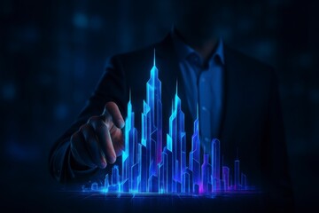 Futuristic businessman interacting with glowing blue digital data streams in a dark modern environment