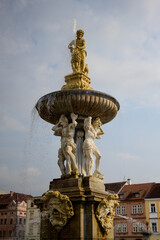 Samson Fountain or Samsonova Kasna Detail in Ceske Budejovice, Bohemia with Baroque Sculpture