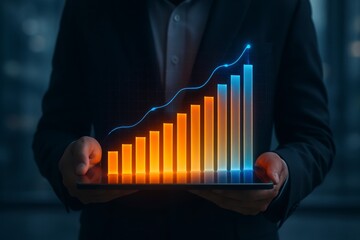 Businessman holding a tablet displaying a glowing 3d bar graph showing upward financial growth and success