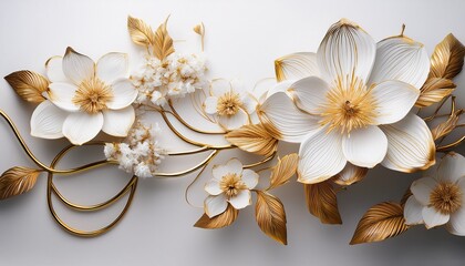 botanical display with clusters of white petals and yellow centers intertwined with metallic gold vines against a light backdrop