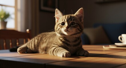 Kitten lying on wooden table in sunlight