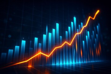 Glowing orange line graph ascends through futuristic blue bar chart representing financial growth and success