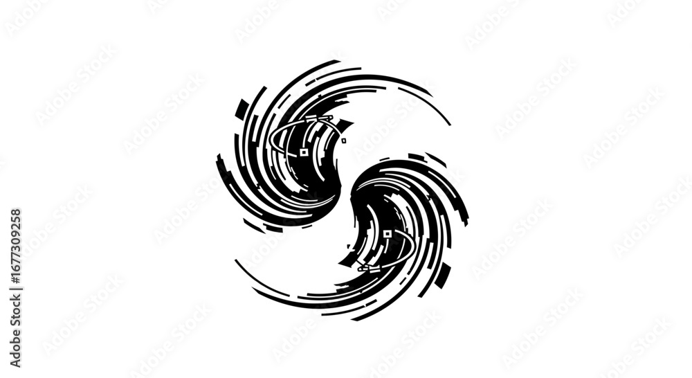 Poster modern abstract black and white swirling graphic design element with fragmented lines and digital ae