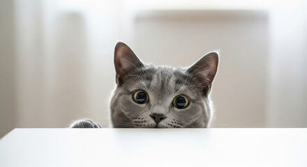 Curious gray cat peeking over white surface