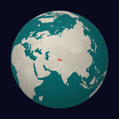 Tajikistan on the map. Globe centered to Tajikistan. Country location on the world map. Teal Pale Mint color palette. Globe with countries, meridians and parallels. Creative vector illustration.