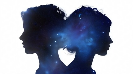 Abstract silhouette of two young caucasian females with cosmic galaxy background. Astrological sign of the zodiac Gemini.