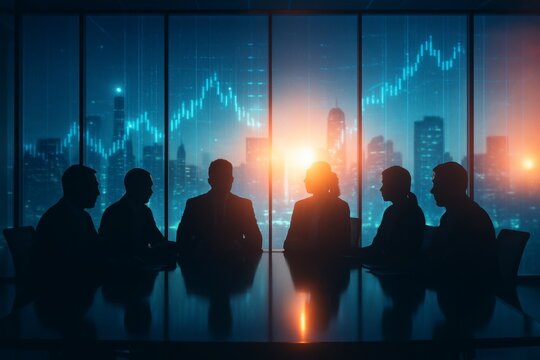 Business professionals in silhouette meeting in modern office with city skyline and stock market graph overlay