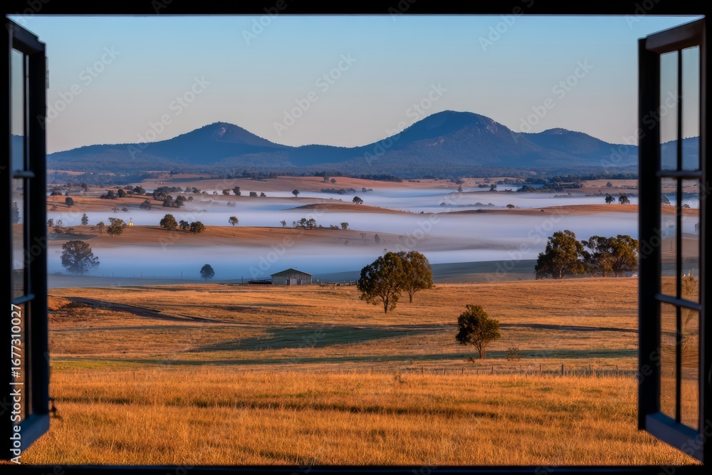 Poster window view of a field with a foggy mist in the background. the field is empty and the trees are bar