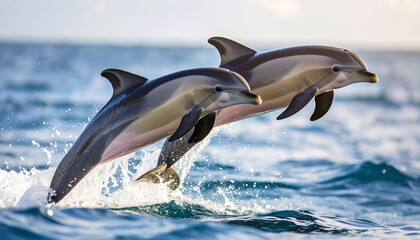 Fototapeta premium Two dolphins leaping close together above the water, ocean waves blurred in the background