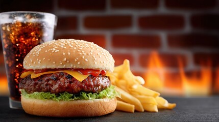 Juicy cheeseburger with fries and soft drink in front of flaming brick wall