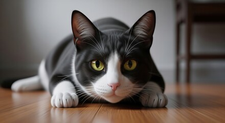 Gray and white cat on wooden floor