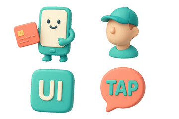 Fototapeta premium Friendly 3D characters with credit card and speech bubble for mobile payment. Modern 3D Icon Set