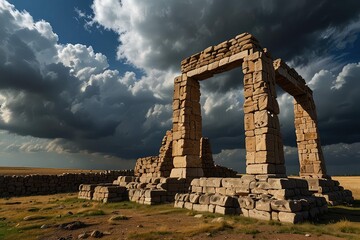 Ancient Stone Arch Ruins Against Dramatic Sunset Sky