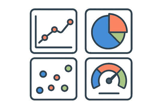 Business analytics dashboard icons with graph, pie chart, scatter plot, gauge. Modern 3D Icon Set