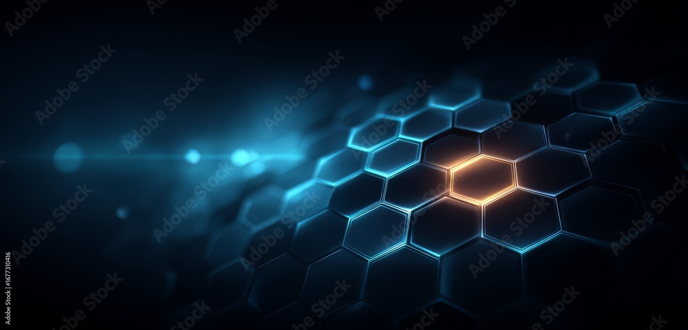 Poster blue and orange hexagonal pattern with a yellow dot in the middle. the image has a futuristic