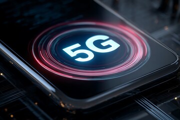 Close-up view of a modern smartphone display showcasing the 5G network symbol in glowing light effects.