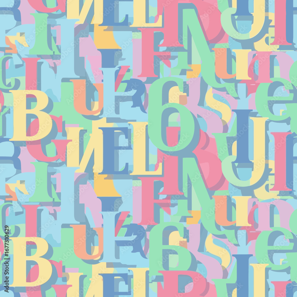Poster vibrant seamless pattern of overlapping multicolored letters creating a playful abstract background