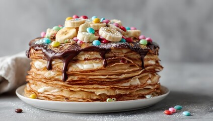 A tall stack of thin pancakes layered with cream, drizzled with chocolate, and topped with sliced bananas and colorful candy