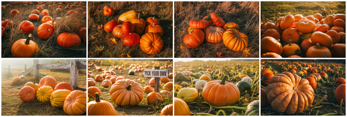 Orange pumpkins in a field at harvest time autumn fall