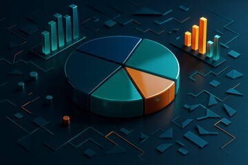 Futuristic 3d rendering of a pie chart and bar graphs representing financial data and business analytics