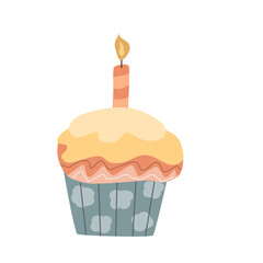 Whimsical cupcake with candle for celebrations.