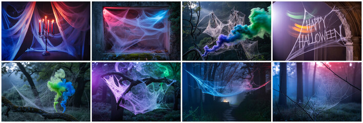 Fototapeta premium Spooky webs with colorful smoke and candles spider web