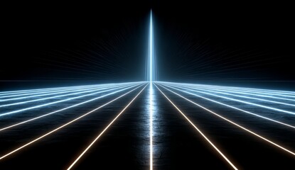 Obraz premium Long, thin, blue light is the focal point of this image. The light is surrounded by a series of black lines