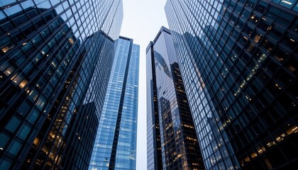 Reflective skyscrapers, business office buildings,cool color tone, 4K sharp professional photo. No text or logos.