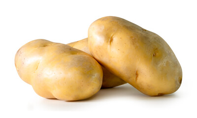Three tubers of potatoes in pile isolated on white background with clipping path