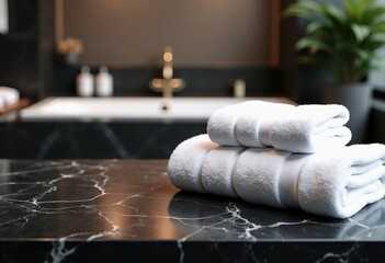 Empty marble table top on blurred minimalistic luxury bathroom at apartment, white day light, clean cozy colors. Place for product display, showing products, side view