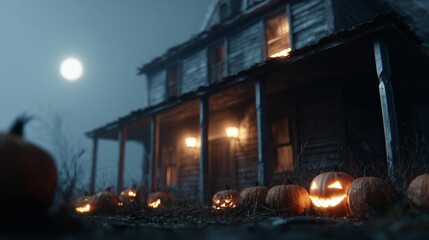 Haunted house with glowing jack-o'-lanterns on Halloween night