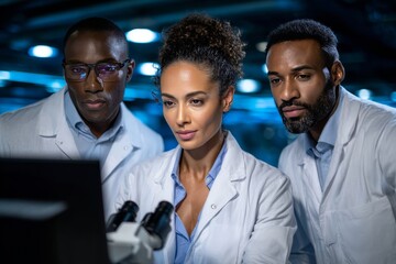 Portrait of three diverse scientists in white lab coats working together in modern laboratory with microscope and blue lighting. Medical research teamwork