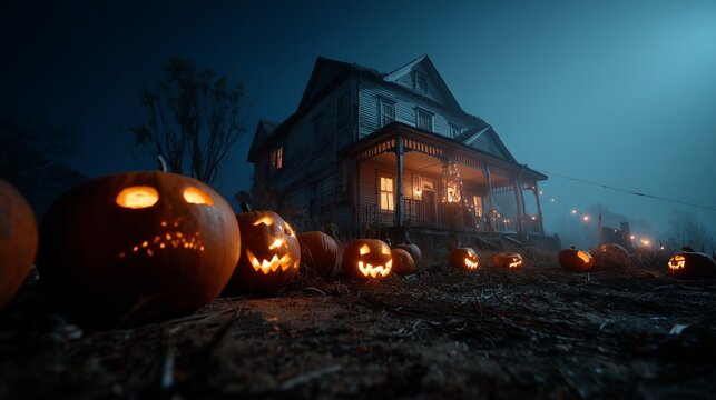 Haunted house with glowing jack-o'-lanterns on Halloween night
