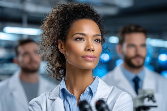 A close-up portrait of a serious and focused female scientist in a lab coat, with a diverse team of colleagues blurred in the background.