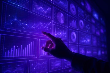 Close up of a human hand touching a futuristic digital screen displaying complex data visualizations and charts