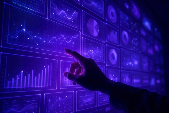 Close up of a human hand touching a futuristic digital screen displaying complex data visualizations and charts