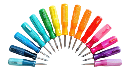 Assorted Colorful Screwdrivers Arranged in a Semi-Circle on Black Background